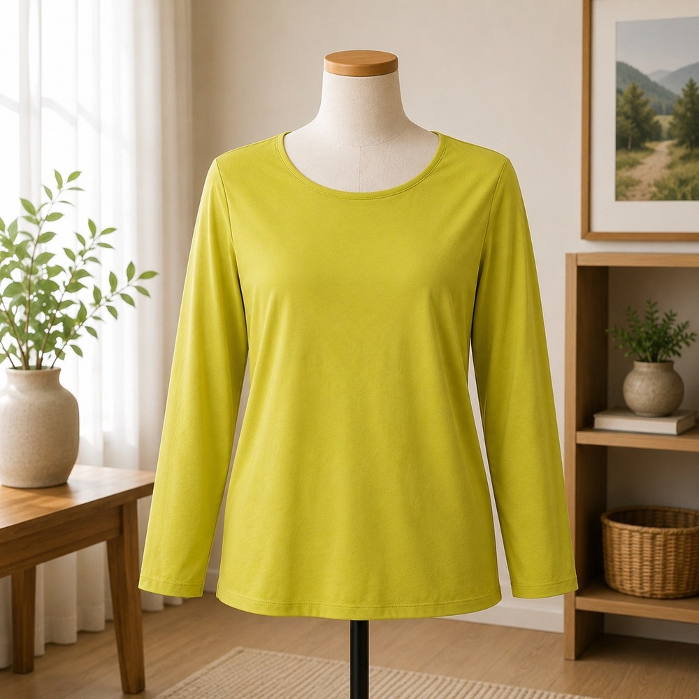 Susan Graver Modern Essentials Top Womens Medium Green‎ Long Sleeve Crew Neck